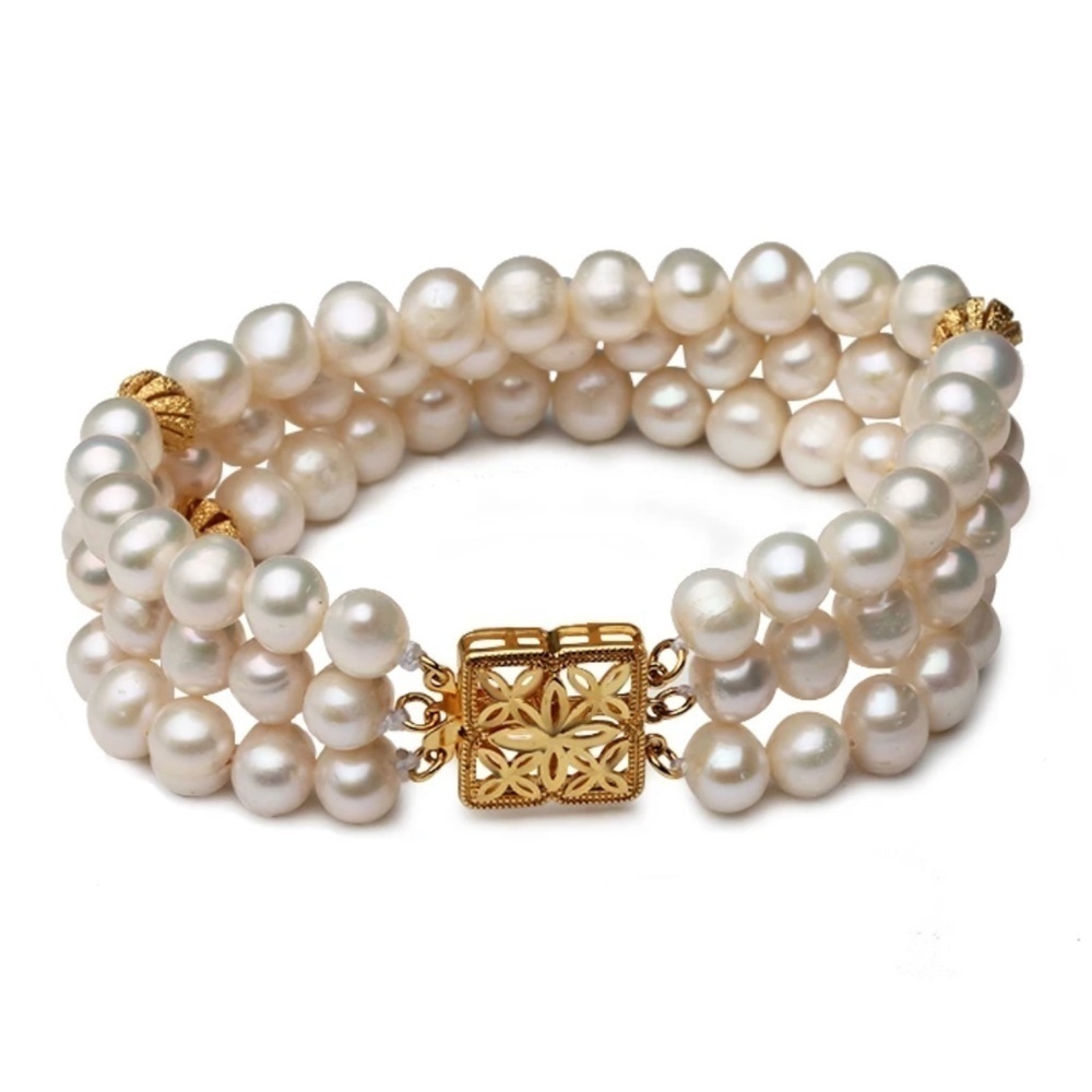 Freshwater Pearl & Goldtone Three-Row Clover Bracelet